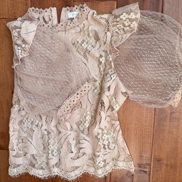 Vintage Lace High-Neck Puff-Sleeve Blouse by Peach Womens S Blush-Pink - Picture 6 of 12